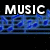 A split-screen graphic with 'MUSIC' in white text over blue musical notes on the left, and scattered black-and-white musical notes with a purple 'IS' on the right.