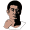 Pixelated avatar of a person with short black hair and light skin, wearing a white shirt, shown in two side-by-side frames with slight facial expression differences.