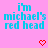 Pixelated text 'i'm michael's red head' in cyan on pink background with red heart symbols, some hearts animated to fill or empty.