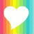 Six white heart-shaped icons on a rainbow striped background, each containing distinct black symbols or letters.