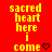 Red background with yellow text 'sacred heart here i come' and black pixelated symbols changing across frames.