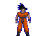 Pixelated character in orange martial arts uniform with blue accents, shown in multiple poses against gray background.