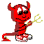 Red devil character with horns, tail, and checkered shoes holding a yellow pitchfork in four distinct poses against gray background.