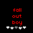 Red pixelated text 'fall out boy' above five white and gray plus signs on a black background, with the fourth plus sign changing from white to gray between