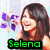 A four- shows a woman with long brown hair smiling, holding purple flowers against a light background