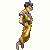 Pixelated character in golden martial arts uniform with blue accents, shown in three sequential poses against white background, first standing, second mid-air, third on gray platform.