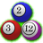 Three pixelated billiard balls in blue, red, and purple with white faces displaying numbers 2, 3, and 12 against a gray background.