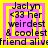 Pixelated text on a bright yellow background with pink and purple accents, displaying 'Jaclyn <33 her weirdest & coolest friend alive' in multiple repeated sections.