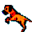 Pixelated cartoon dog in orange and black with a red collar, shown in six sequential poses against gray background.