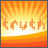 Pixelated 'truth' text on orange-yellow sunburst background with horizontal gradient bands below.