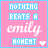 A 48x48 pixel animated buddy icon with a pink background and blue border, displaying two sequential frames of text animation where the word "emily" changes from white to light blue while other elements remain static.