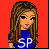 Pixel art of a female character with long brown hair wearing blue 'SP' shirt and jeans, paired with text reading Simple Plan Fan!!! on red and black backgrounds.