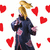 Pixelated character with blonde hair in a ponytail, dark robe with pink circular patterns, surrounded by red heart shapes on white background.