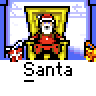 Pixel art contact sheet of Santa Claus in a golden throne with gift bags, displayed across six animated frames showing subtle facial and hand movements.