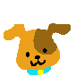 Pixelated dog head with brown and orange fur, blue collar with yellow center; left view shows neutral expression, right view shows winking eye, open mouth, red tongue, and "WAN!!" text above.