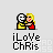 Pixel art of two figures embracing, one in yellow shirt and red dress with blonde hair, the other in black-and-white mask; text below reads iLove Chris.