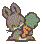 Pixelated bunny rabbit holding a carrot with green ears and multicolored body against gray background, next to green text reading 'Original Icons .com'