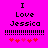 Pixelated text 'I Love Jessica' on bright pink background with horizontal line pattern and red heart symbols below.