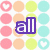 A static image with a patterned background of pastel-colored circles and hearts, overlaid with purple text reading "all you need is love".