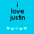 Blue background with black text reading "i love justin" and five light blue snowflake icons below, showing animation where the third icon changes from solid to hollow.