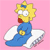 Pixelated character with yellow hair, blue dress, white wings, and red lips sits against pink background.