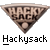 Pixelated triangular icon with brown and black text reading "HACKY SACK" above a stylized ball graphic, set against light gray background.