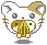 Pixel art of a white and tan hamster-like character with gray eyes, red nose, and brown whiskers holding a golden cactus in four sequential poses.