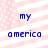 Pixelated blue text 'my america' on a pink and white striped background with scattered dots.