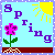A pixelated spring-themed animation with a light blue background, yellow sun, purple 'Spring' text, and pink flower that changes color across frames.