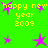 Green background with yellow text reading 'happy new year 2009' and purple star shapes scattered across the image.