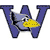 A pixelated blue letter W with a cartoon character's head peeking from behind, featuring a yellow beak and black-and-white eyes.