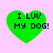 Four green heart-shaped icons with black text "I LUV MY DOG!" on a light pink background, arranged in a