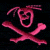 Pixelated pink skull with crossed bones on black background, rendered in low-resolution digital style.