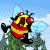 Animated pixel art contact sheet showing a cartoon bee character in various motion states against a blue sky background with trees and clouds.
