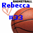 Pixelated image with blue text 'Rebecca' and '#33', a peach heart outline, and a brown basketball with black lines.