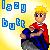 Pixelated character with blonde hair and purple eyes wearing red shirt and blue pants holding a dark object against yellow gradient background.
