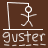 Static pixel art icon featuring a white stick figure running through an open doorway above the word "guster" in stylized lowercase letters on a brown background.