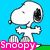 Snoopy character in four distinct pixelated poses with text overlays on colored backgrounds.