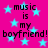 Bright pink background with light blue stars and repeated black text reading "music is my boyfriend!" in a pixelated font.