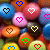 Animated sequence of heart-shaped icons on a background of colorful candy-like spheres, with hearts changing color and outline style across frames.