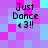 Pixelated text 'Just Dance <3!!' appears in four identical quadrants on a checkered background of purple and cyan squares.