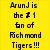 Yellow background with black pixelated text reading 'ArunJ is the #1 fan of Richmond Tigers!!!' next to a circular grayscale image of a textured object.