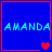 Blue square with red border displays "AMANDA" text and changing heart symbols across four