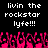 Pixelated text reads "livin the rockstar lyfe!!!" in white on black, with pink pixelated hands below.