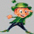 Pixelated cartoon leprechaun in green hat and coat, blue pants, jumping with arms raised above a blue pot of gold under rainbow sky.