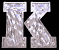 Two of four identical pixelated 'K' letters with silver glitter texture on black background, each letter has white outline