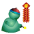 Green cartoon figure with red-and-blue headband lights a firework, triggering sequential explosions and spark effects.