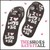 Two dark, pixelated, elongated objects resembling shoes or boots with light patterns on a white background, with a pink and gray rectangular shape below.