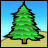 Pixelated green pine tree with brown trunk on beige ground against blue sky background.