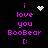 Pixelated text 'i love you BooBear :(' with a heart symbol above the first frame and a starburst effect in subsequent frames on black background.